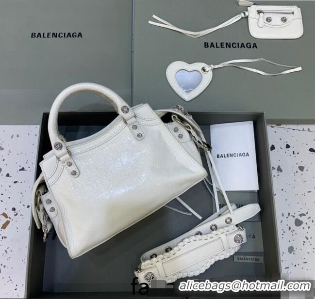 Top Grade Balenciaga Neo Cagole XS Lambskin Top Handle Bag with Crystal BA1570 White 2022