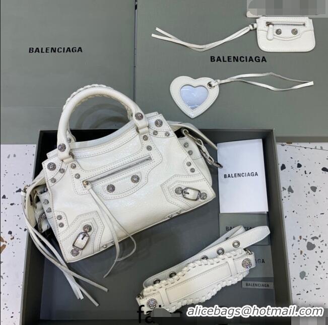 Top Grade Balenciaga Neo Cagole XS Lambskin Top Handle Bag with Crystal BA1570 White 2022