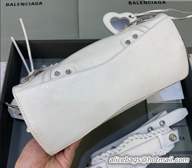 Top Grade Balenciaga Neo Cagole XS Lambskin Top Handle Bag with Crystal BA1570 White 2022