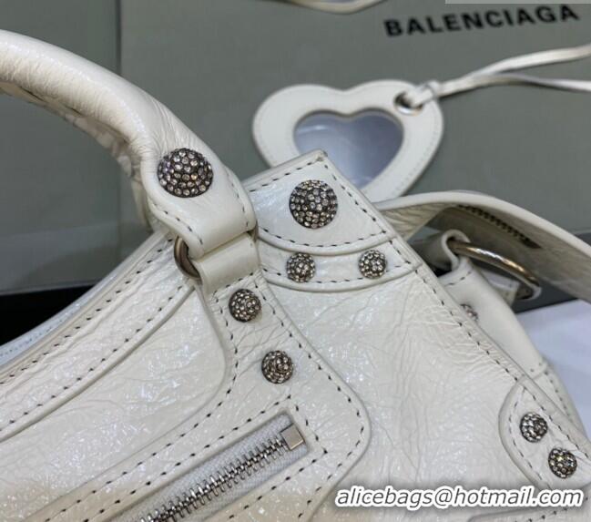 Top Grade Balenciaga Neo Cagole XS Lambskin Top Handle Bag with Crystal BA1570 White 2022