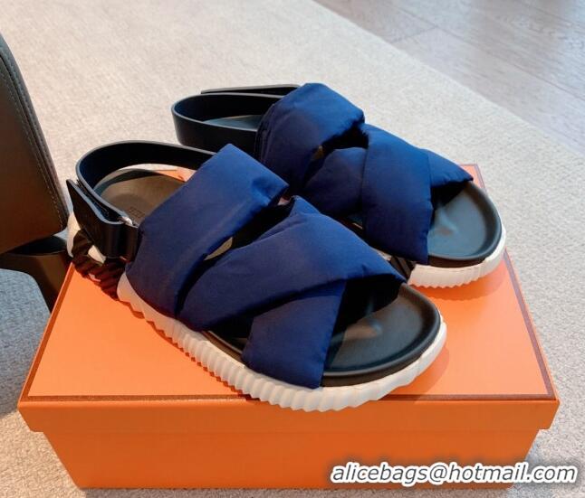 Stylish Hermes Eclair Fabric Strap Flat Sandals Navy Blue 020898