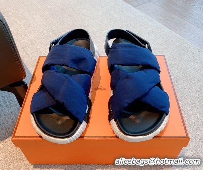 Stylish Hermes Eclair Fabric Strap Flat Sandals Navy Blue 020898