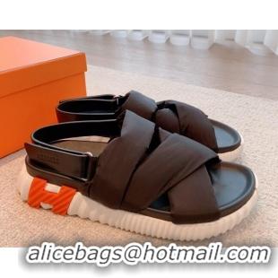 Sumptuous Hermes Eclair Fabric Strap Flat Sandals Black 020899