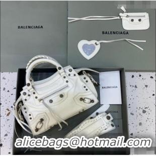 Famous Brand Balenciaga Neo Cagole XS Lambskin Top Handle Bag BA1570 White/Aged Silver 2022