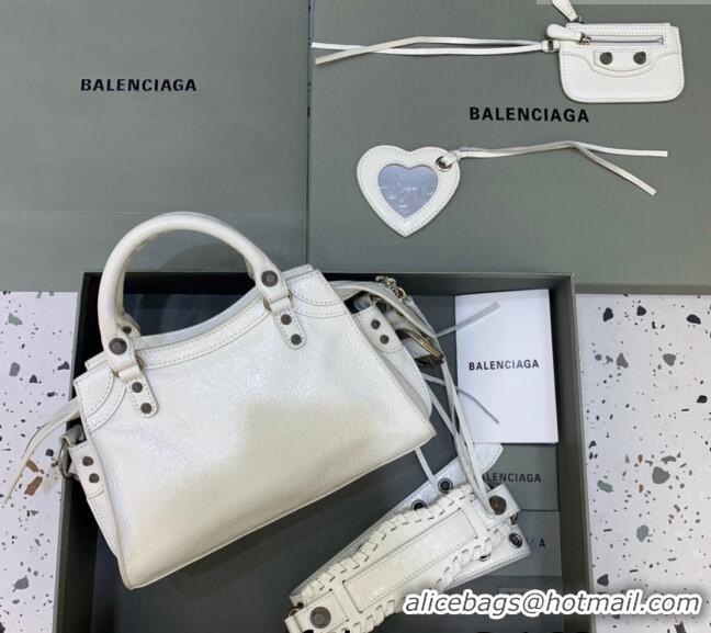 Famous Brand Balenciaga Neo Cagole XS Lambskin Top Handle Bag BA1570 White/Aged Silver 2022