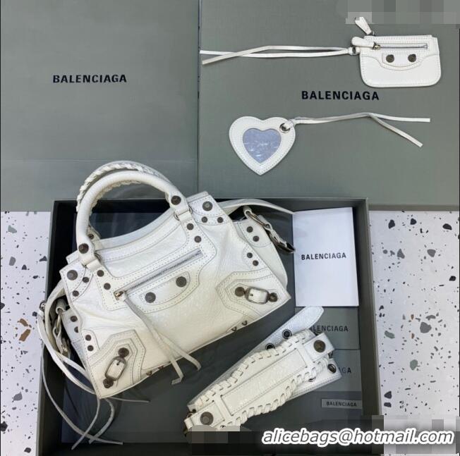 Famous Brand Balenciaga Neo Cagole XS Lambskin Top Handle Bag BA1570 White/Aged Silver 2022