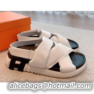 Unique Style Hermes Eclair Fabric Strap Flat Sandals White 208100