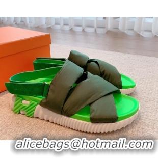 Top Design Hermes Eclair Fabric Strap Flat Sandals Green 208102