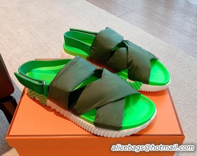 Top Design Hermes Eclair Fabric Strap Flat Sandals Green 208102