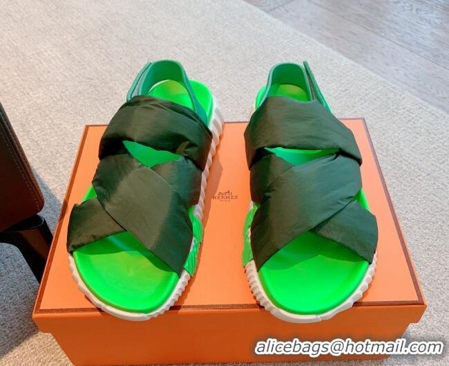 Top Design Hermes Eclair Fabric Strap Flat Sandals Green 208102