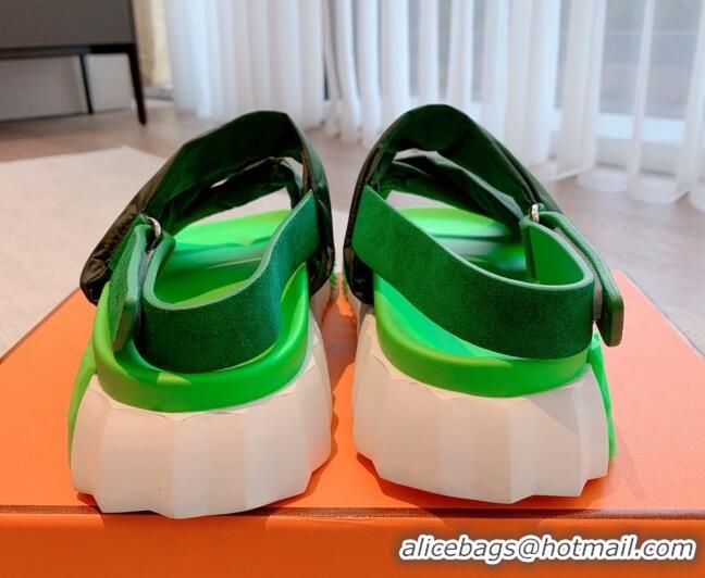 Top Design Hermes Eclair Fabric Strap Flat Sandals Green 208102