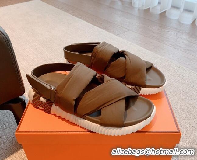 Best Product Hermes Eclair Fabric Strap Flat Sandals Brown 0208103