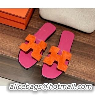 Shop Cheap Hermes Classic Flat Slide Sandals in Suede and Leather Orange/Dark Pink 022426