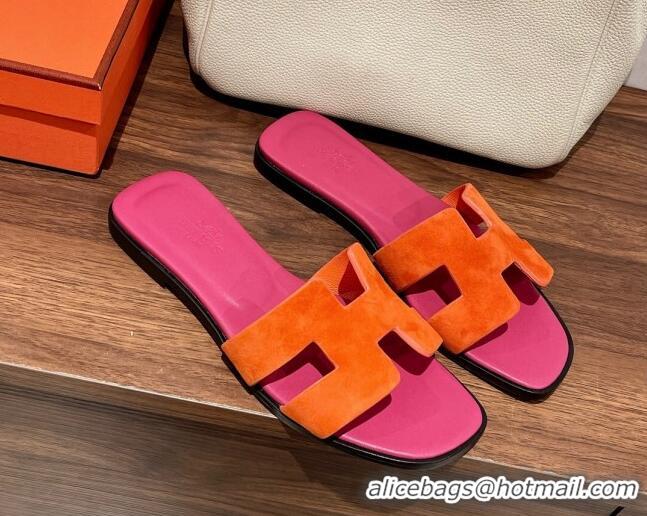 Shop Cheap Hermes Classic Flat Slide Sandals in Suede and Leather Orange/Dark Pink 022426