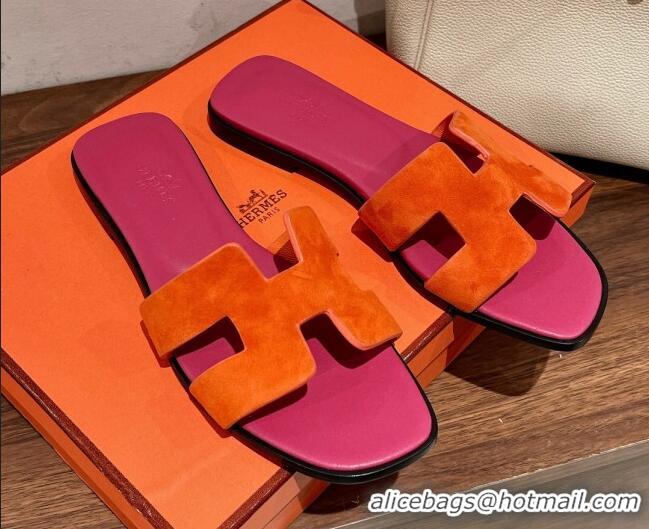 Shop Cheap Hermes Classic Flat Slide Sandals in Suede and Leather Orange/Dark Pink 022426