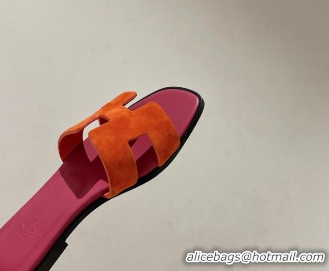 Shop Cheap Hermes Classic Flat Slide Sandals in Suede and Leather Orange/Dark Pink 022426