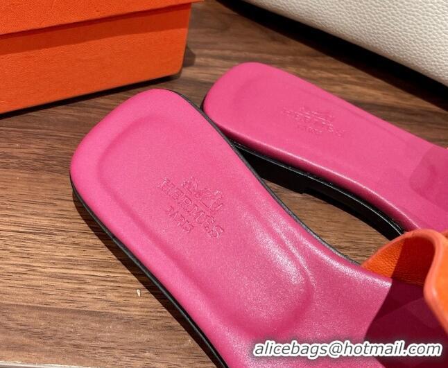 Shop Cheap Hermes Classic Flat Slide Sandals in Suede and Leather Orange/Dark Pink 022426