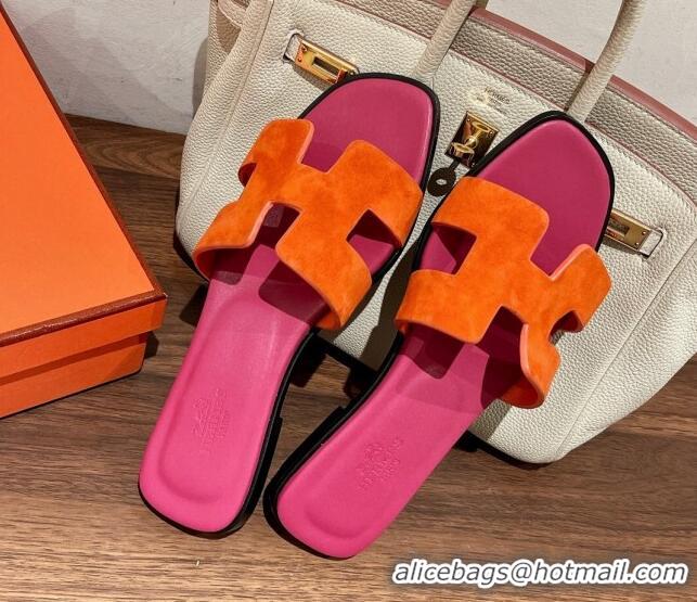 Shop Cheap Hermes Classic Flat Slide Sandals in Suede and Leather Orange/Dark Pink 022426