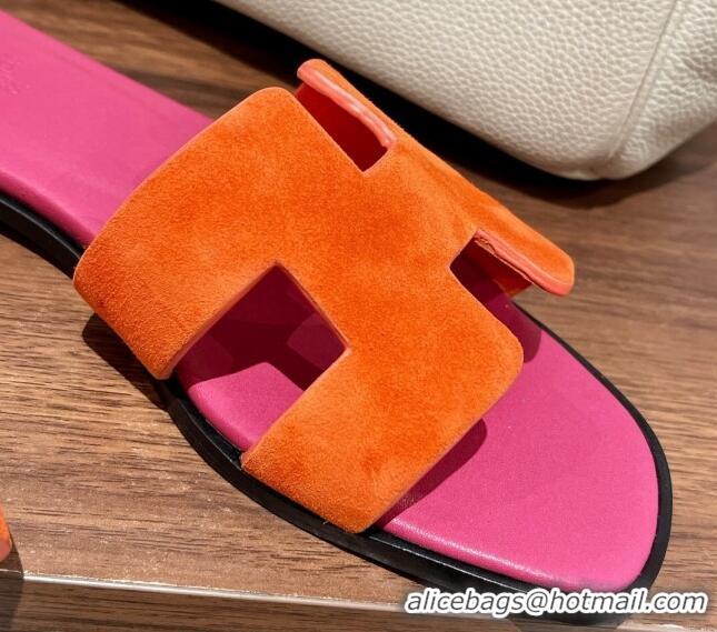 Shop Cheap Hermes Classic Flat Slide Sandals in Suede and Leather Orange/Dark Pink 022426