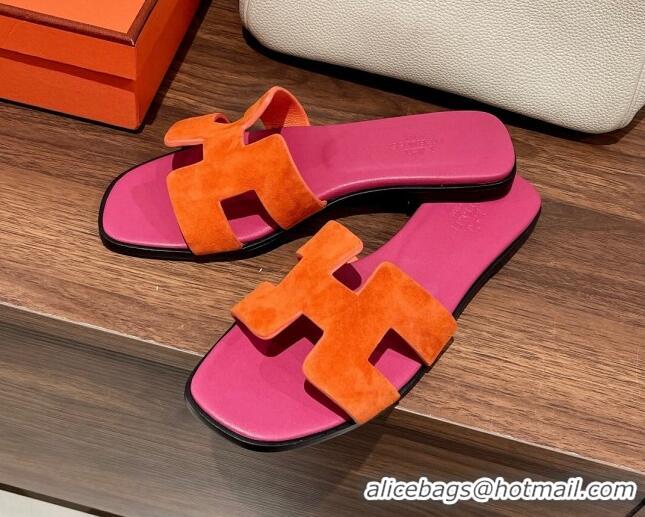 Shop Cheap Hermes Classic Flat Slide Sandals in Suede and Leather Orange/Dark Pink 022426