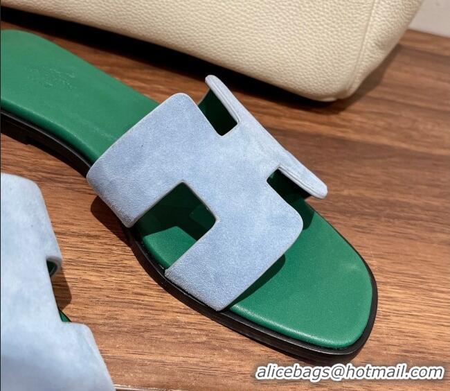 Perfect Hermes Classic Flat Slide Sandals in Suede and Leather Light Blue/Green 022425