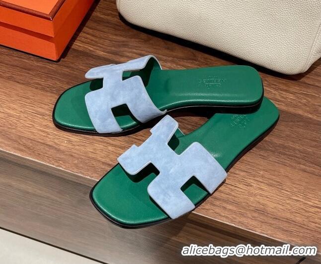 Perfect Hermes Classic Flat Slide Sandals in Suede and Leather Light Blue/Green 022425