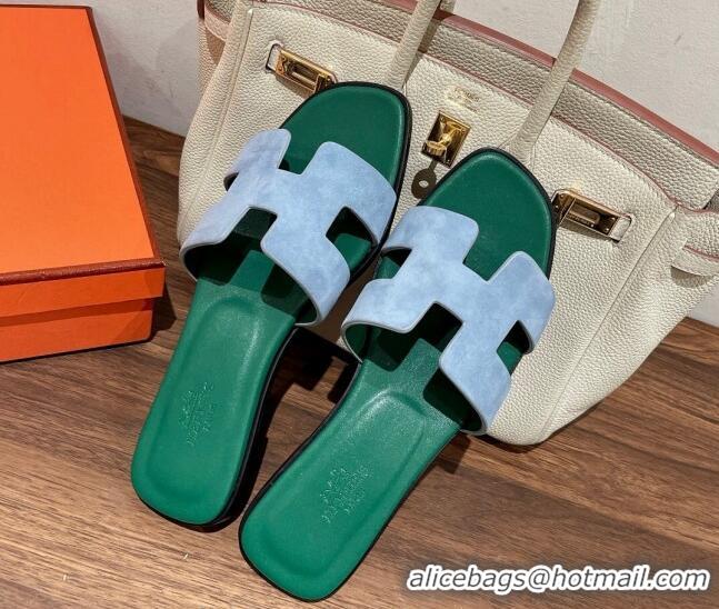 Perfect Hermes Classic Flat Slide Sandals in Suede and Leather Light Blue/Green 022425