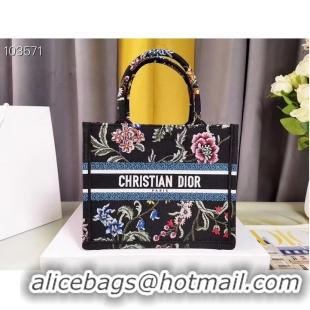 Famous Brand SMALL DIOR BOOK TOTE Black Multicolor Dior Petites Fleurs Embroidery M1265ZC