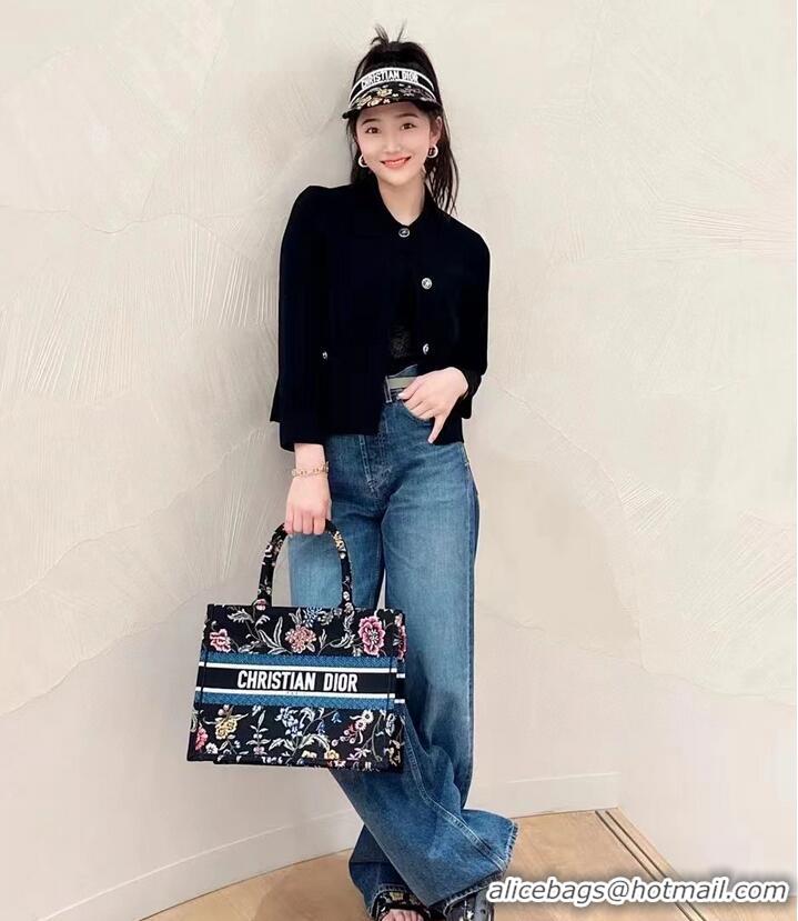 Famous Brand SMALL DIOR BOOK TOTE Black Multicolor Dior Petites Fleurs Embroidery M1265ZC