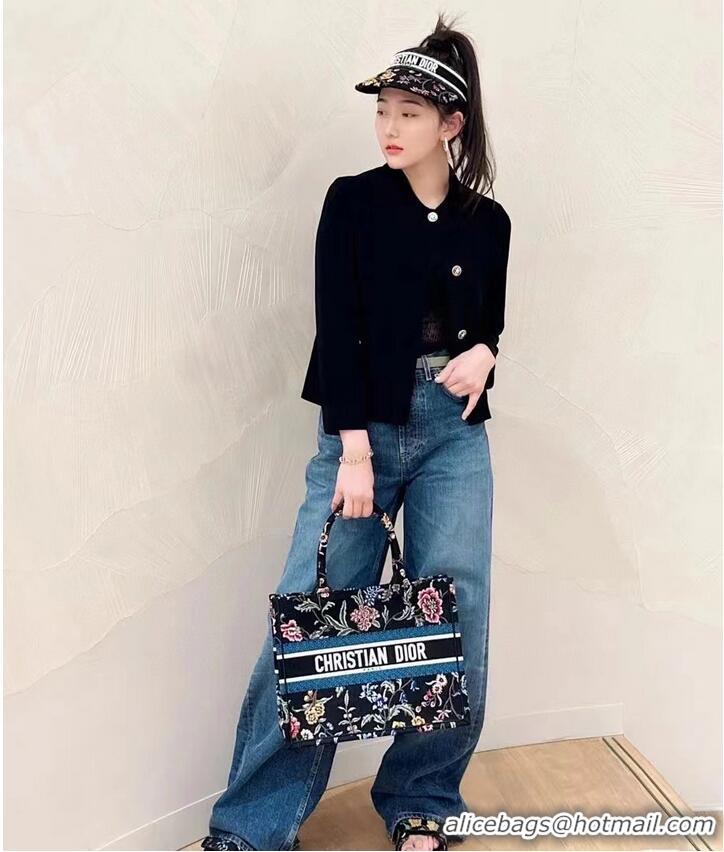 Famous Brand SMALL DIOR BOOK TOTE Black Multicolor Dior Petites Fleurs Embroidery M1265ZC