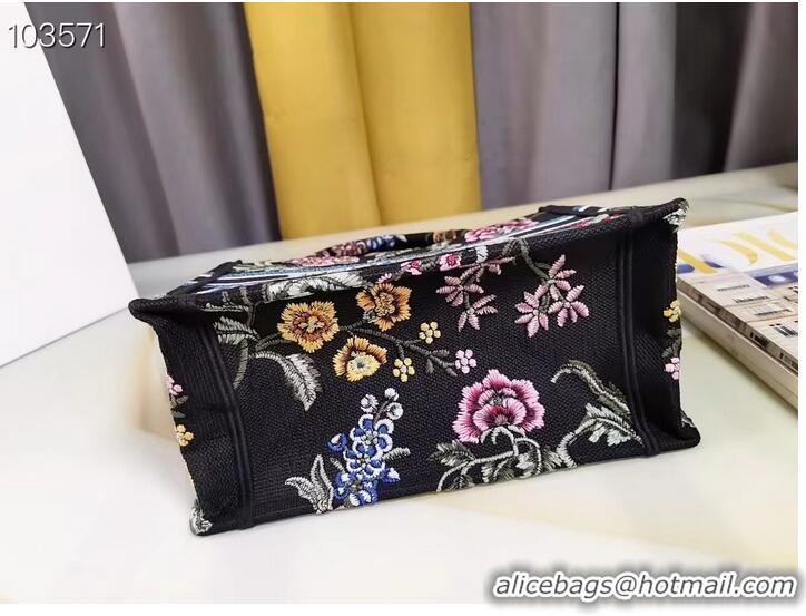 Famous Brand SMALL DIOR BOOK TOTE Black Multicolor Dior Petites Fleurs Embroidery M1265ZC