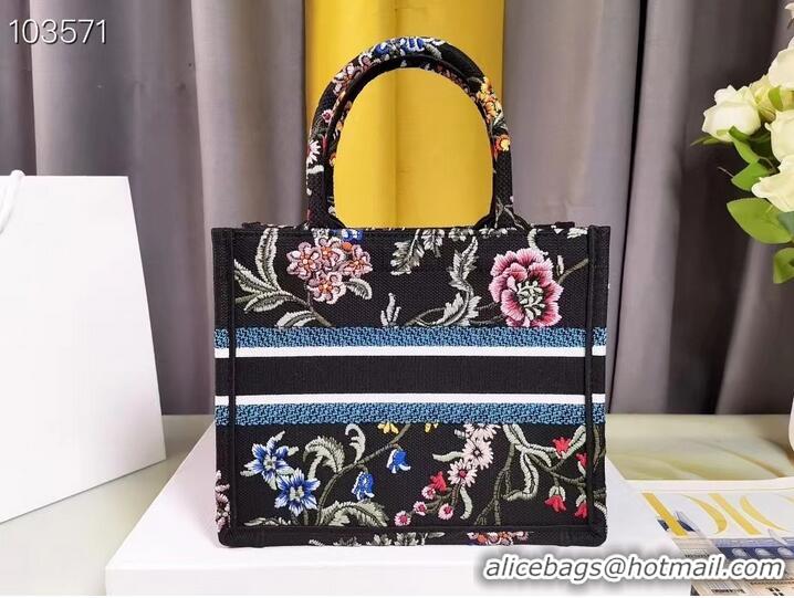 Famous Brand SMALL DIOR BOOK TOTE Black Multicolor Dior Petites Fleurs Embroidery M1265ZC