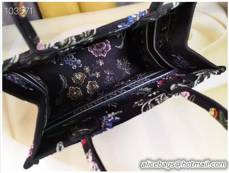 Famous Brand SMALL DIOR BOOK TOTE Black Multicolor Dior Petites Fleurs Embroidery M1265ZC