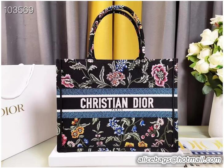 Top Grade MEDIUM DIOR BOOK TOTE Black Multicolor Dior Petites Fleurs Embroidery M1296Z-33