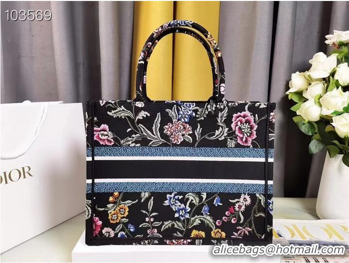 Top Grade MEDIUM DIOR BOOK TOTE Black Multicolor Dior Petites Fleurs Embroidery M1296Z-33