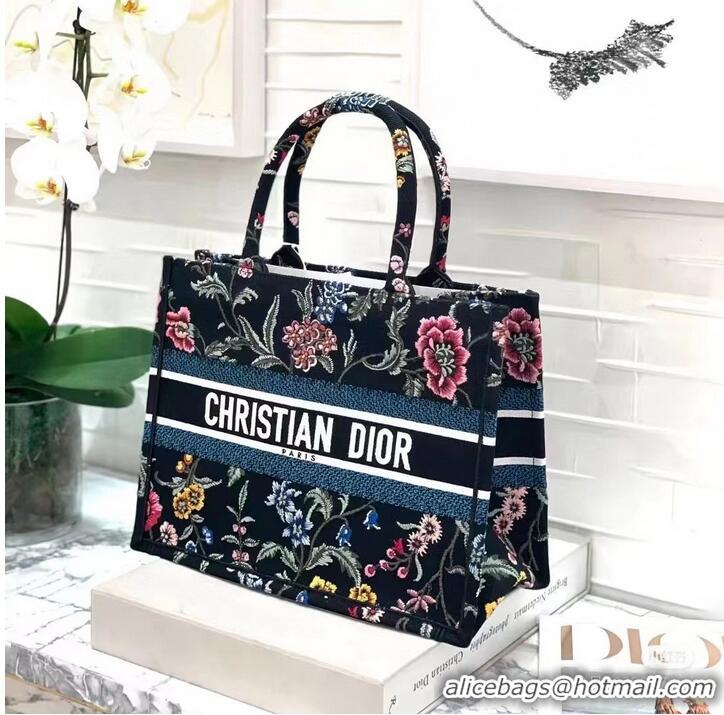 Top Grade MEDIUM DIOR BOOK TOTE Black Multicolor Dior Petites Fleurs Embroidery M1296Z-33