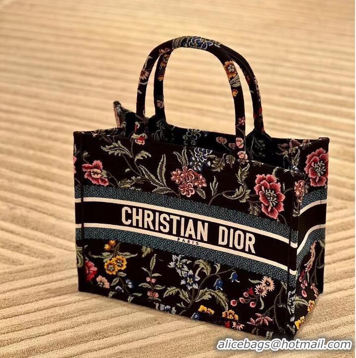 Top Grade MEDIUM DIOR BOOK TOTE Black Multicolor Dior Petites Fleurs Embroidery M1296Z-33