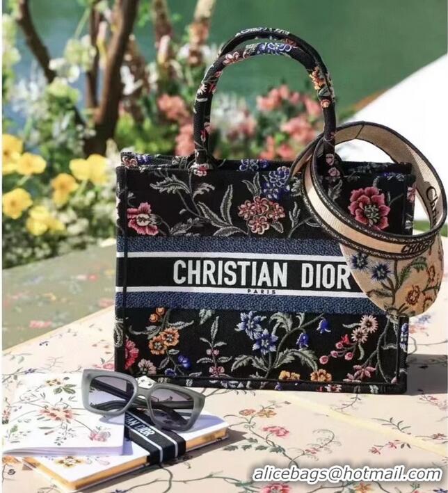 Top Grade MEDIUM DIOR BOOK TOTE Black Multicolor Dior Petites Fleurs Embroidery M1296Z-33