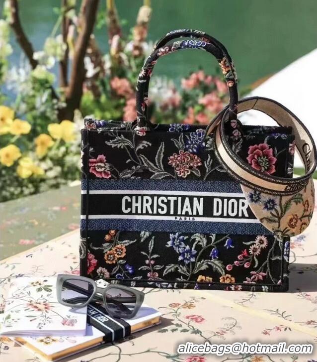 Top Grade MEDIUM DIOR BOOK TOTE Black Multicolor Dior Petites Fleurs Embroidery M1296Z-33