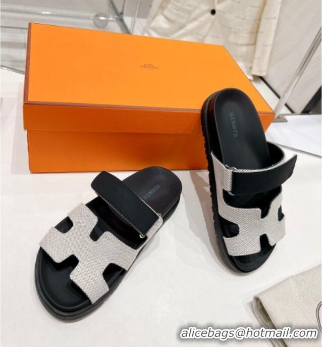 Most Popular Hermes Chypre Sandals in Fabric and Suede Black/White 217057