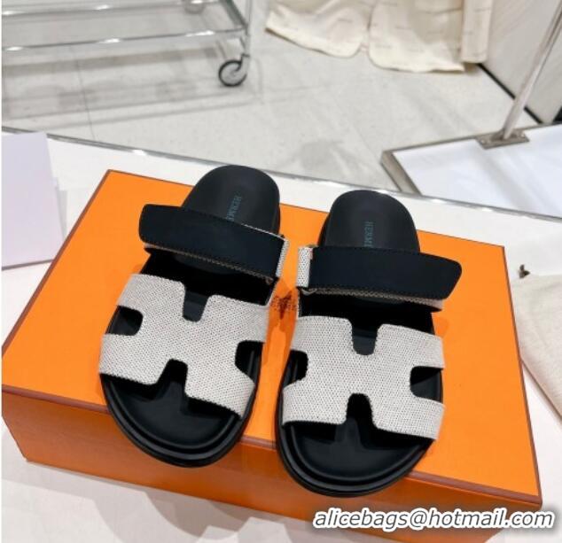 Most Popular Hermes Chypre Sandals in Fabric and Suede Black/White 217057