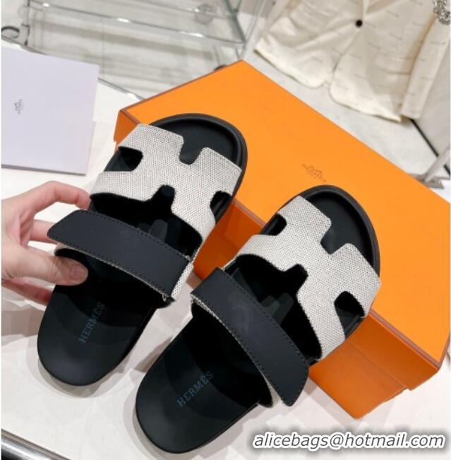 Most Popular Hermes Chypre Sandals in Fabric and Suede Black/White 217057