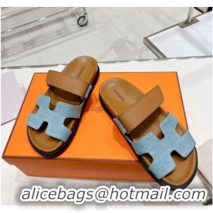 Durable Hermes Chypre Sandals in Blue Denim and Brown Calfskin 217056