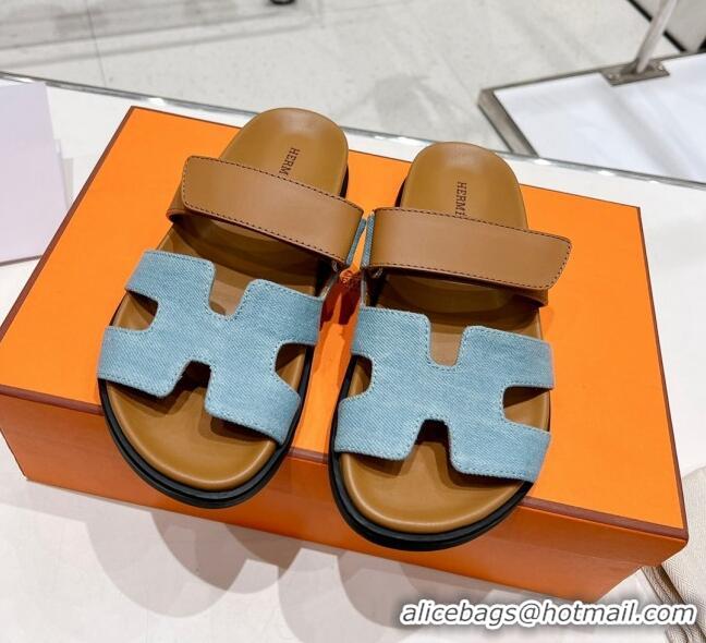 Durable Hermes Chypre Sandals in Blue Denim and Brown Calfskin 217056