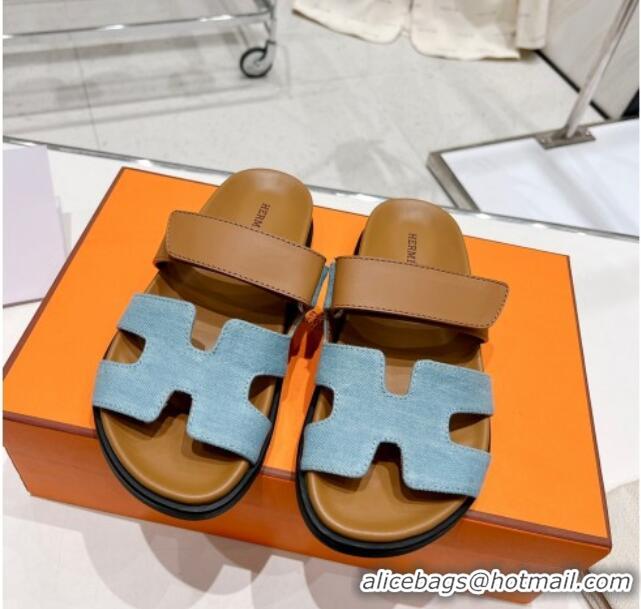 Durable Hermes Chypre Sandals in Blue Denim and Brown Calfskin 217056