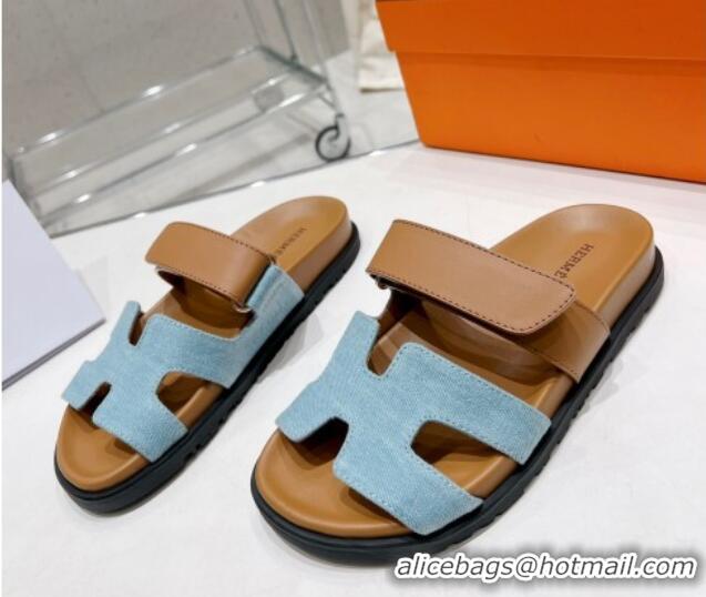 Durable Hermes Chypre Sandals in Blue Denim and Brown Calfskin 217056