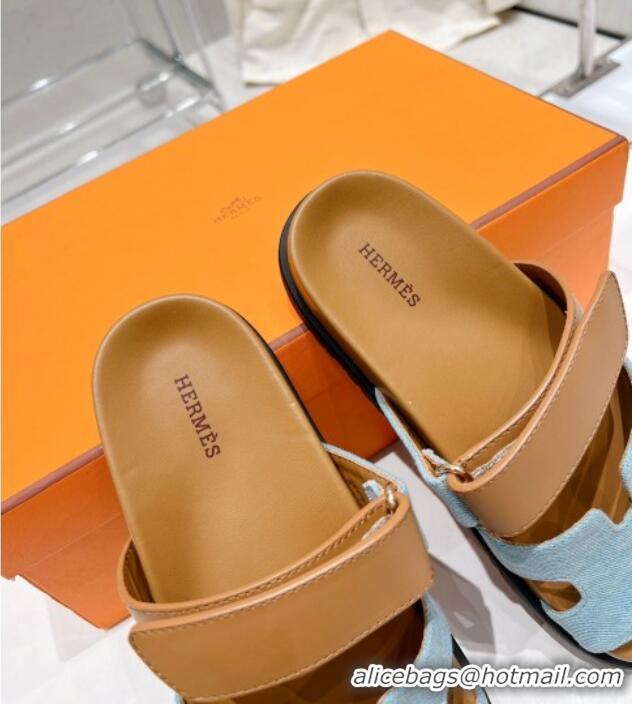 Durable Hermes Chypre Sandals in Blue Denim and Brown Calfskin 217056