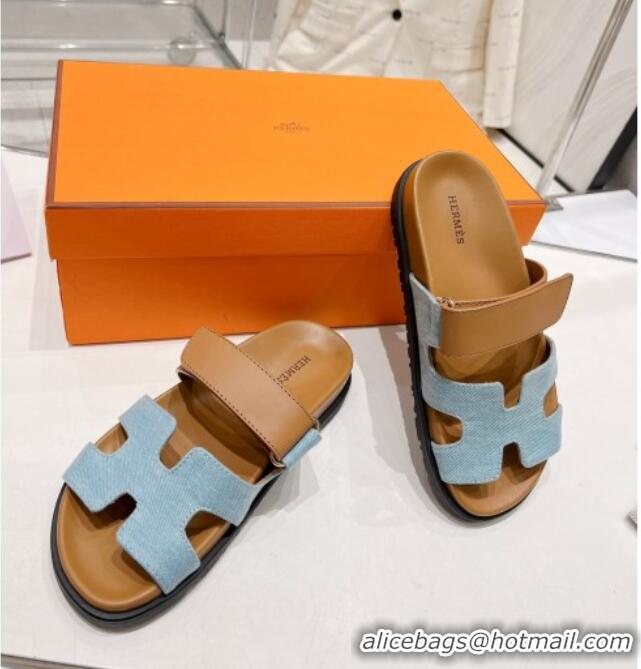 Durable Hermes Chypre Sandals in Blue Denim and Brown Calfskin 217056