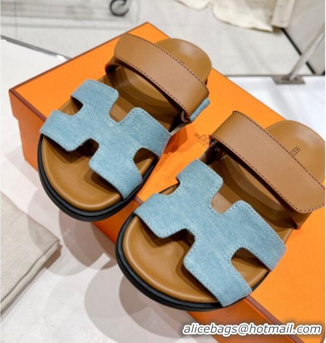 Durable Hermes Chypre Sandals in Blue Denim and Brown Calfskin 217056