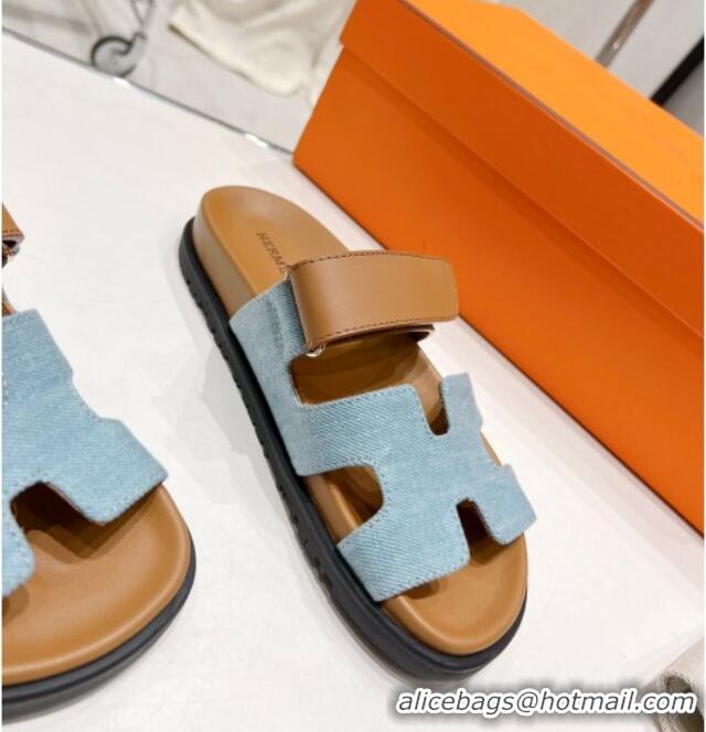 Durable Hermes Chypre Sandals in Blue Denim and Brown Calfskin 217056